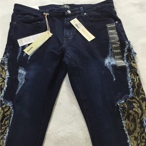 Reason Men’s Dark Blue Jeans with Gold Pattern 34 X 32
